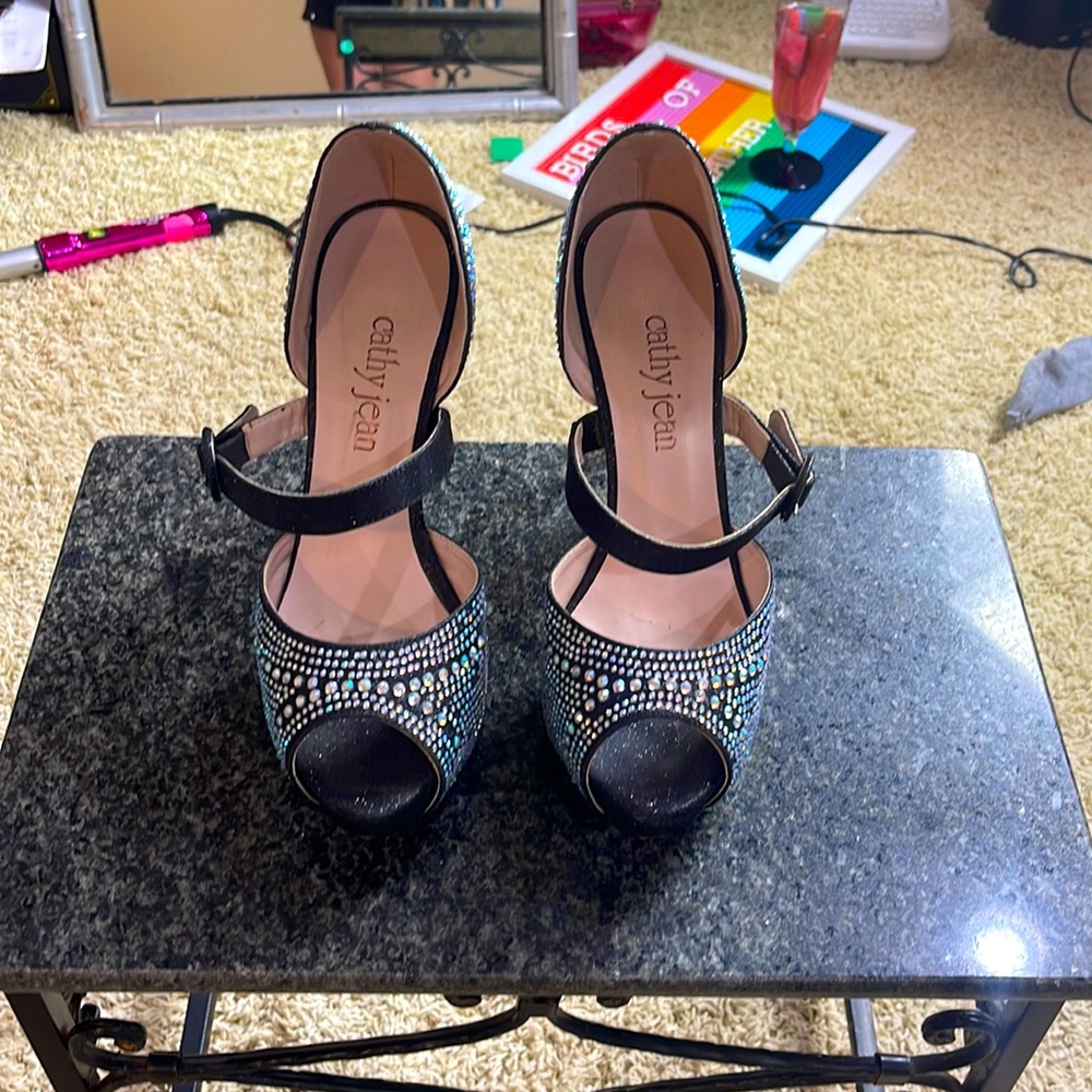 Cathy Jean, black with rhinestones, size 8 open toed stilettos.